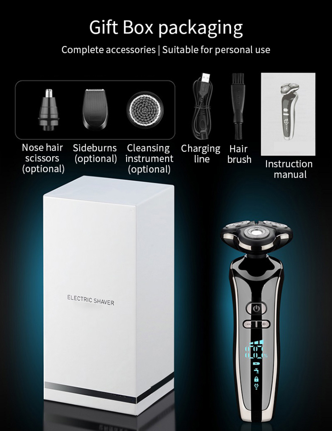 Aparat de ras electric 7 Capete, cu maner lung, Neo™ Blade 3D Samurai®, functie de trimmer, multifunctional, fara fir, incarcare USB, rezistent la apa, 3 lame independente, usor de curatat, sistem 7 in 1, Black-Silver