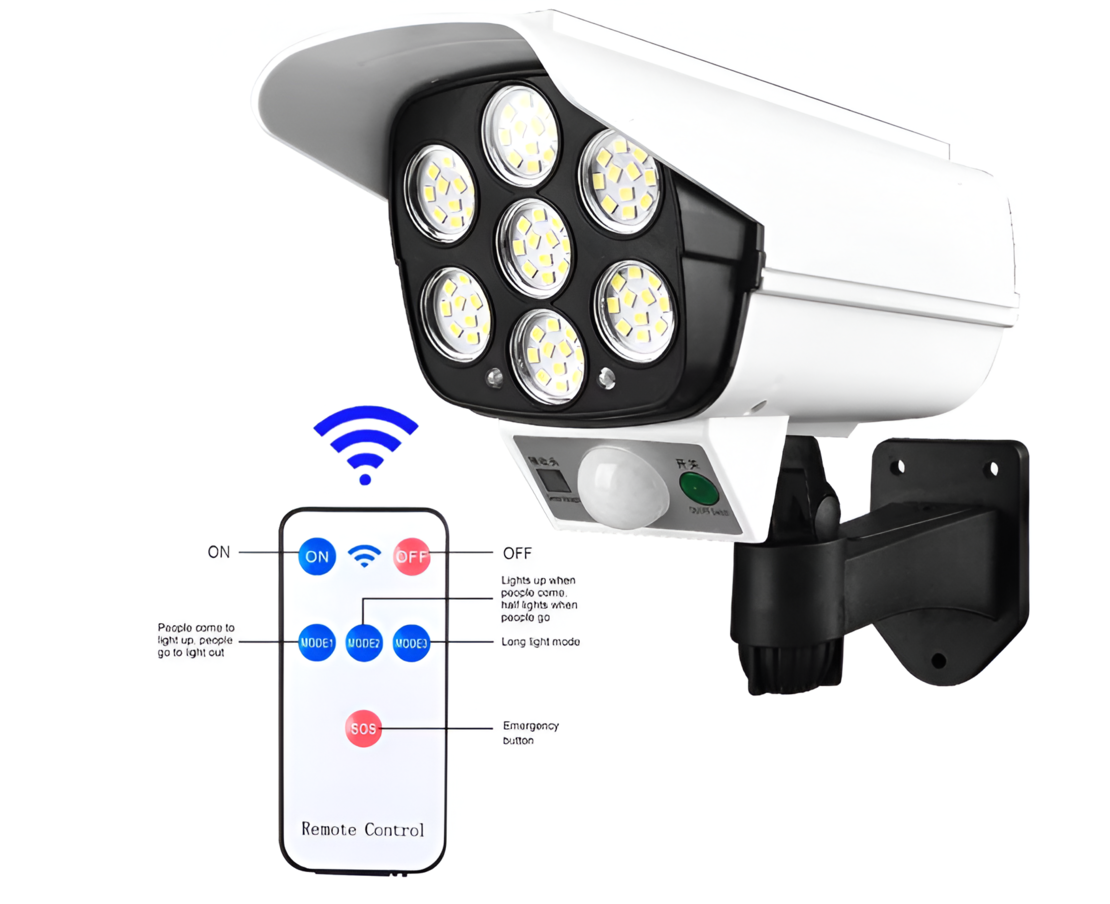 Lampa Solara Tip Camera Falsa 77 LED cu Panou solar, 10 W, Senzor miscare, 1200 mAH, Design Realist, Alb, Neo™