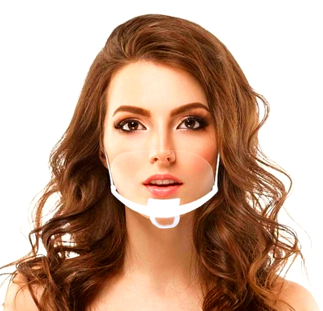 Set 12 Masti transparente reutilizabile pentru gura si nas, cu suport pentru barbie si elastic, bandou alb, Neo™ Horeca