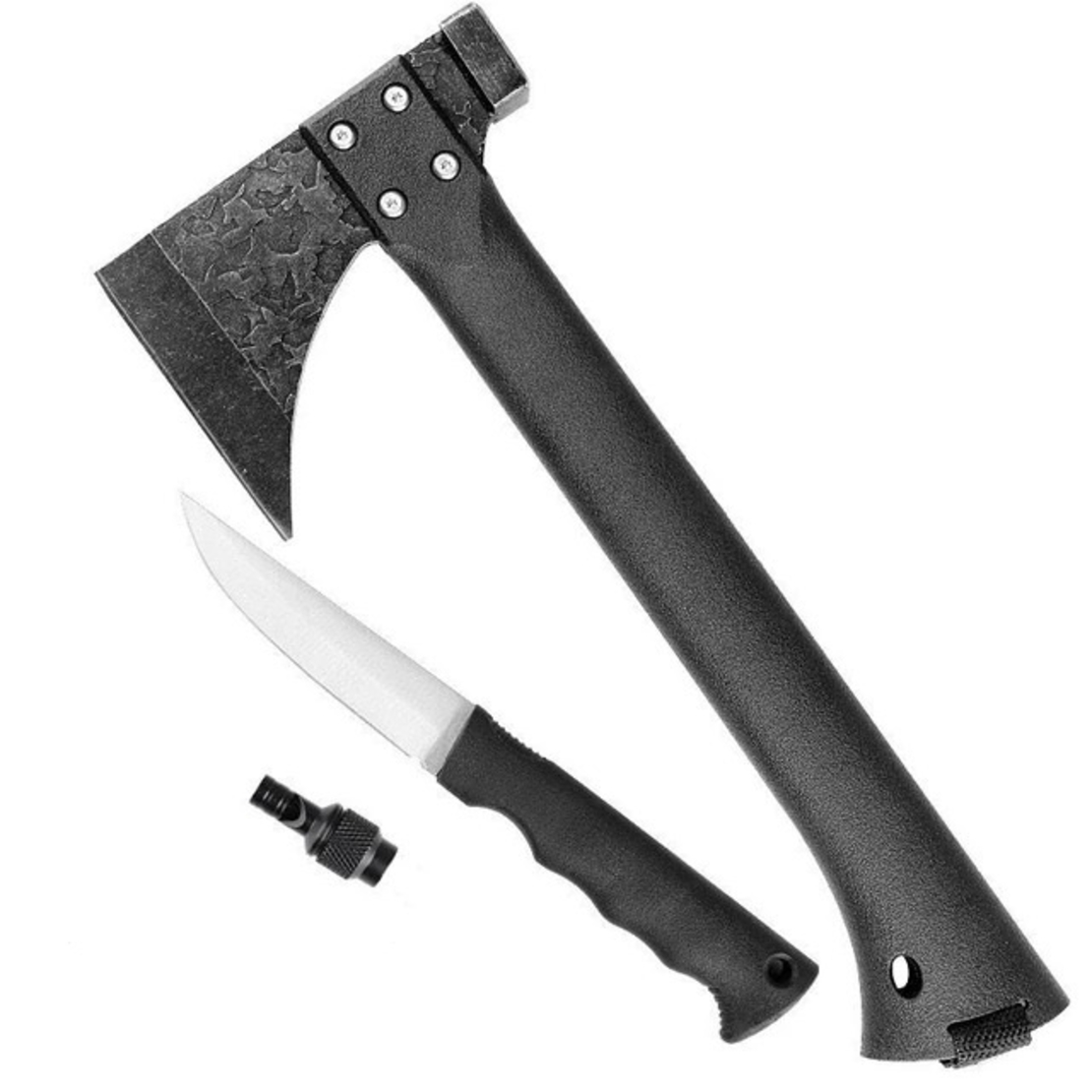 Topor Multifunctional Compozit Pentru Supravietuire Neo™ Campy® Negru usor de folosit maner lung, cutit si fluier