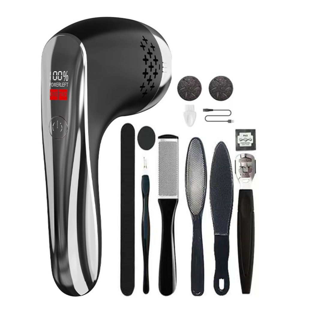 Set Aparat Profesional pentru indepartare bataturi Calus EAR Neo™ Foot Polisher Vacuum, cu aspirator, inlatura si pielea uscata, display digital, LED, incarcare USB, 2 role, 2700 rpm, C6497, Negru