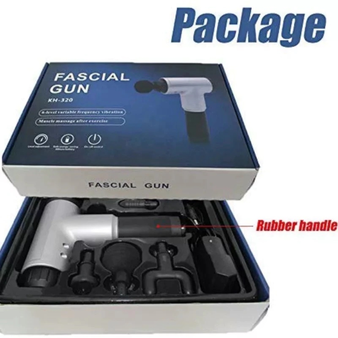 Aparat de Masaj Profesional, cu 4 capete interschimbabile si 6 trepte de intensitate, Neo™ Professional Gun®, pentru dureri musculare, reumatice, anticelulitic, Gri