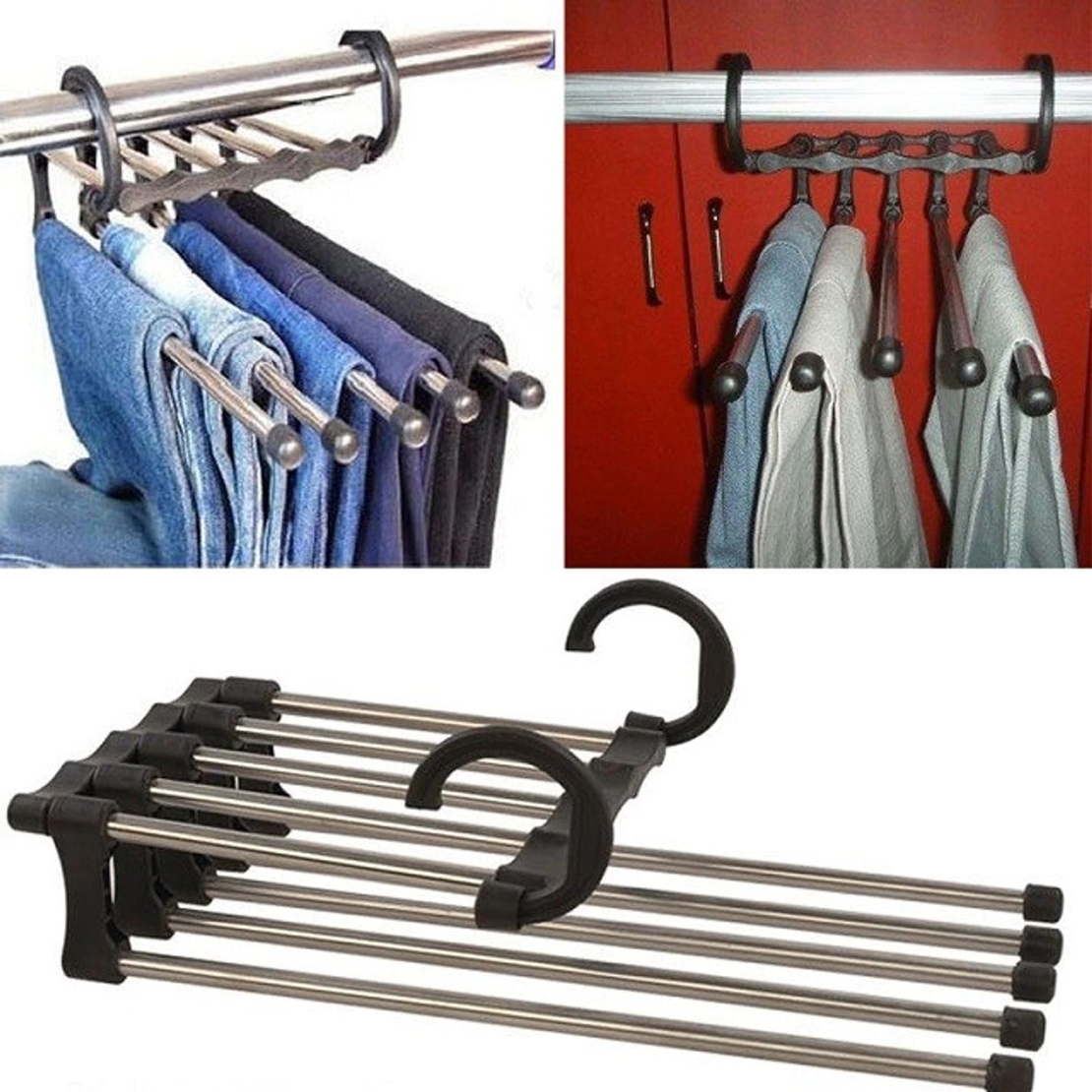 Umeras Pliabil Neo™ Organizator Compact® pentru perechi de pantaloni, cu tije din inox, 48 x 15 cm, Carlige Negre