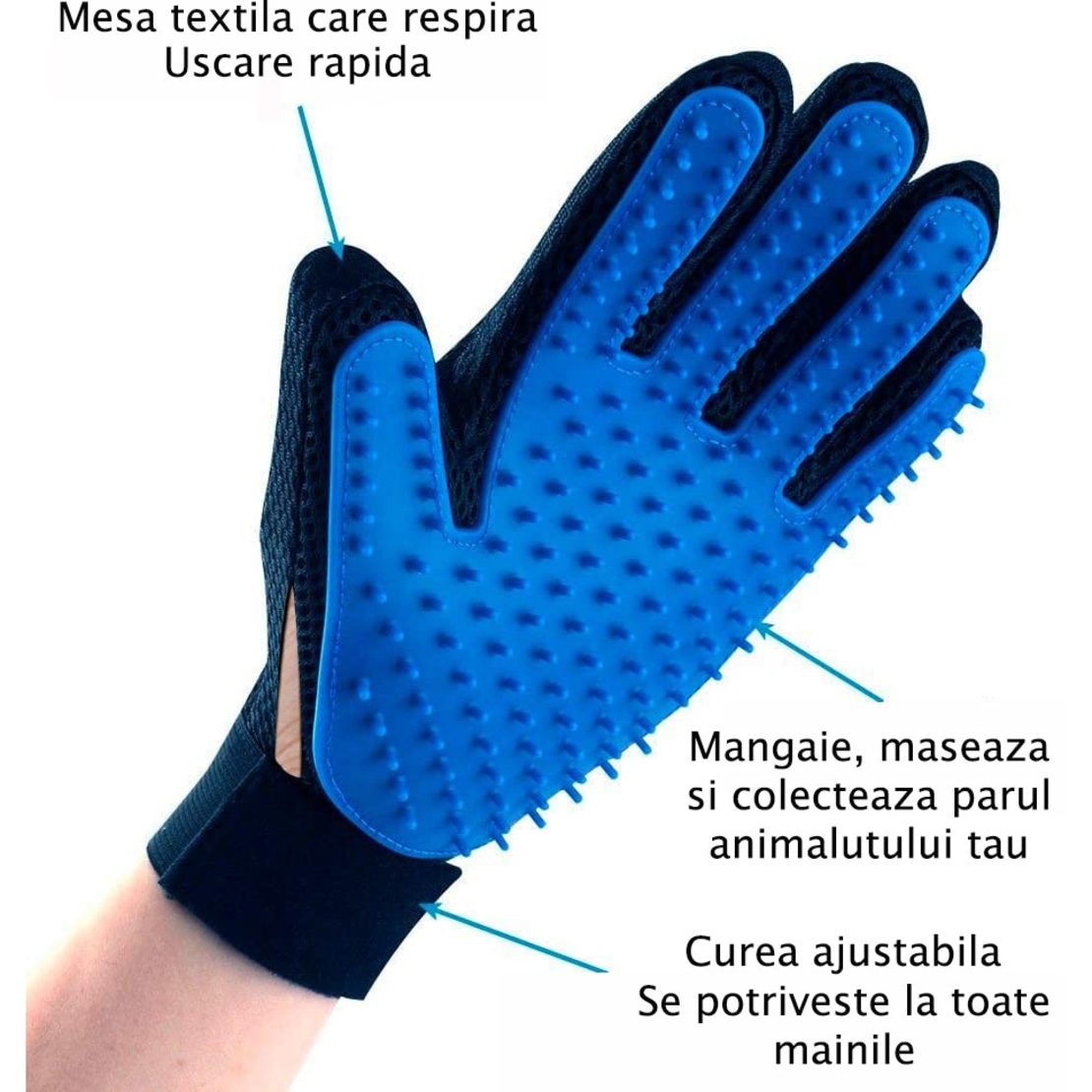 Manusa Runimex® pentru Ingrijire Caini, Pisici, alte Animale de Companie, Indepartare Exces Par, Albastru/ Negru