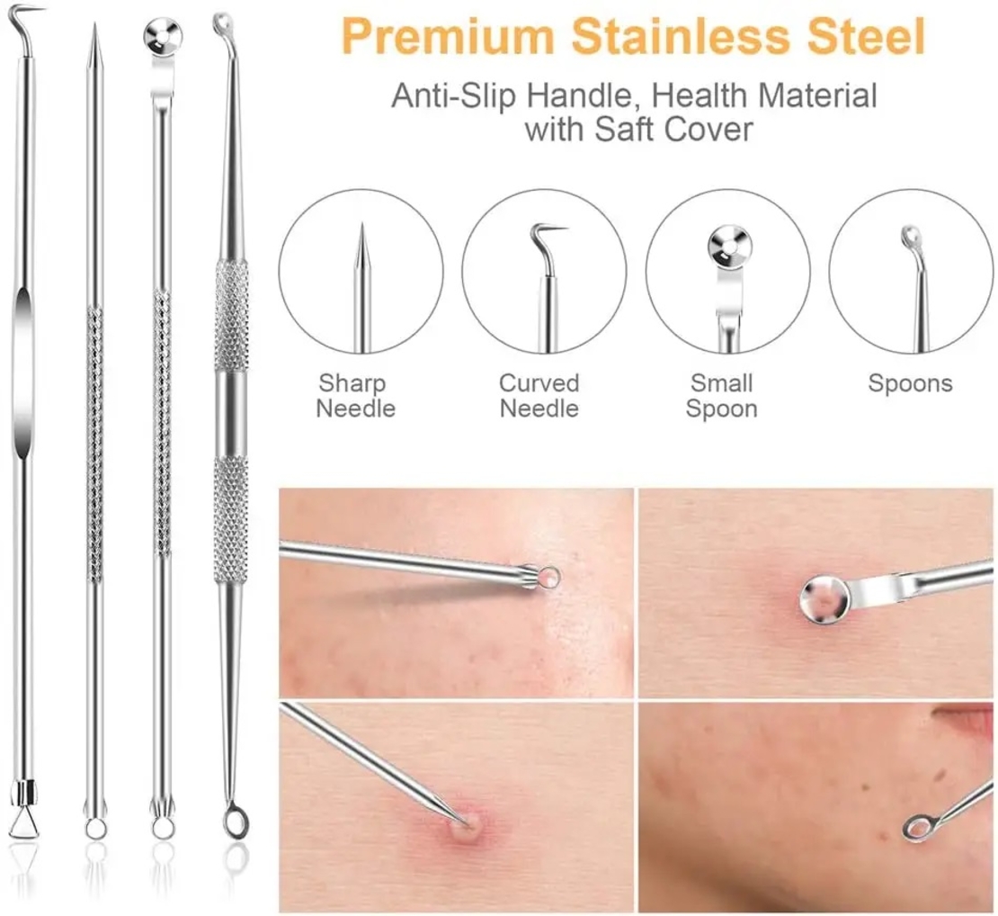 Set 6 pensete pentru extractie puncte negre, comedoane, acnee, ustensile cosmetice din inox, metalic, Neo™ Premium®
