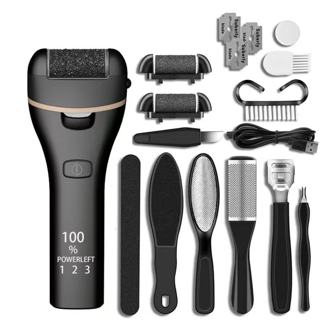 Set Aparat indepartare bataturi si piele uscata Calus Neo™ Foot Polisher v623 MAT, cu display digital, iluminare LED, incarcare USB, capat suplimentar si 3 role microminerale, 3900 rpm, Negru