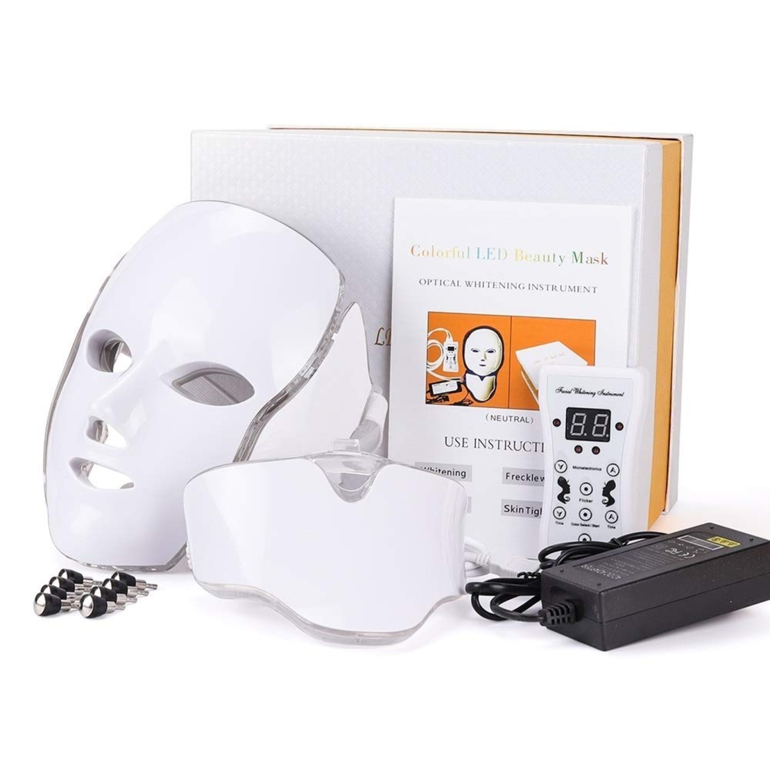 Masca LED Cosmetica Tratament Fotoni Fata si Gat, Neo™ Beauty, Anti-imbatranire, Anti-Acnee, Functie de Lifting, 7 Culori LED, Tratament non invaziv, Alba