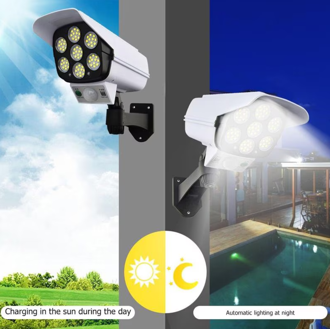 Lampa Solara Tip Camera Falsa 77 LED cu Panou solar, 10 W, Senzor miscare, 1200 mAH, Design Realist, Alb, Neo™