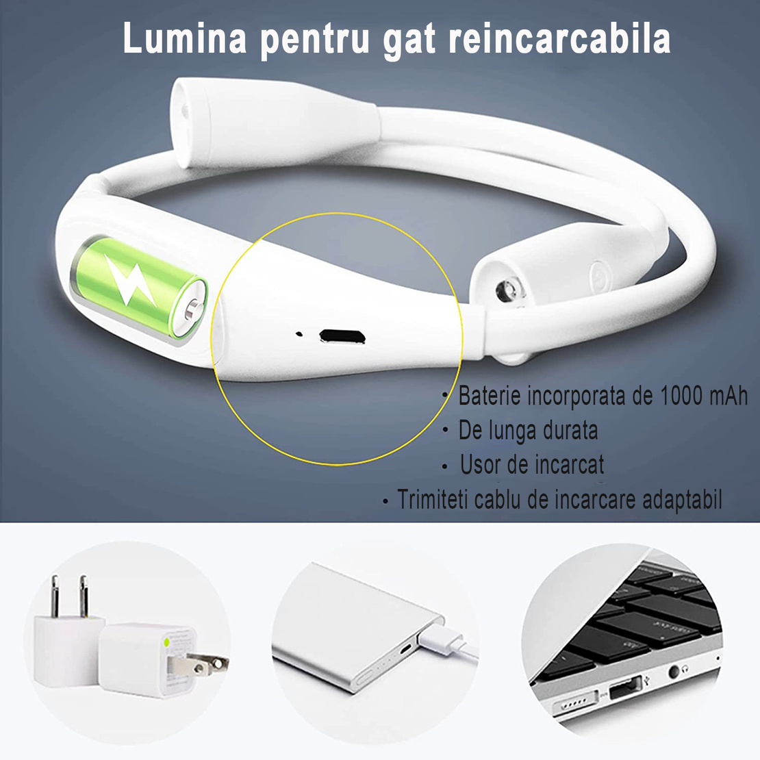 Lumina pentru Citit cu Pozitionare pe Gat, YWX, Flexibila, reincarcabila USB, Multifunctionala, cu 3 Tipuri De Lumina LED si 3 Nivele de Intensitate, Alb
