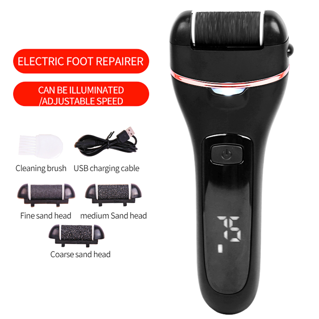 Aparat indepartare bataturi si piele uscata Calus Neo™ Foot Polisher V601, cu display digital, iluminare LED, incarcare USB, capat suplimentar si 3 role microminerale, 2000 rpm, Negru