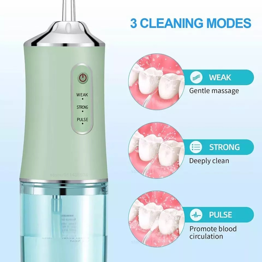 Irigator bucal si oral profesional PPS Pulse® Neo™, 140 PSI, Functie masaj, rotatie 360°, portabil, 4 moduri, acumulator 1400mAh, 4 duze incluse, 220 ml, verde
