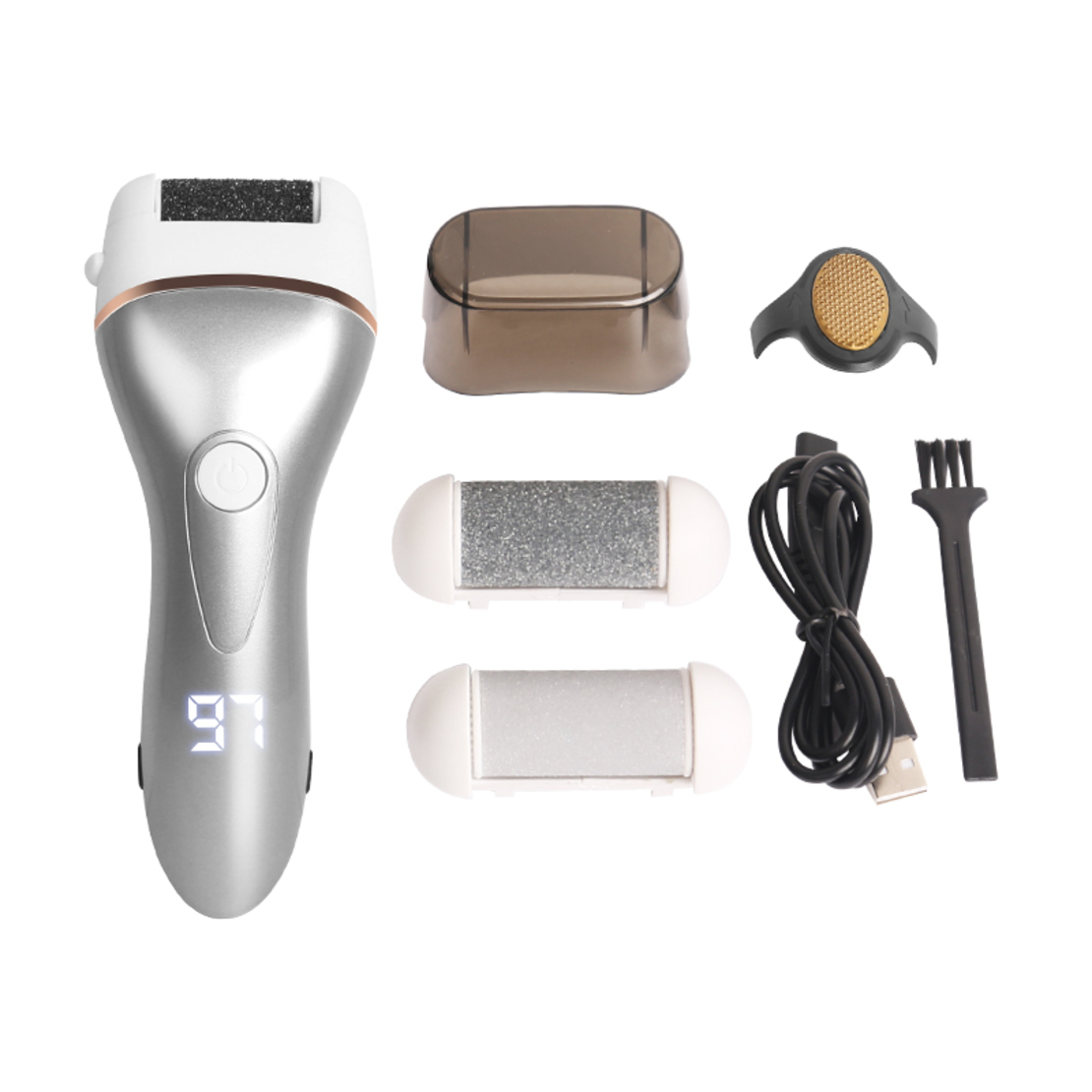 Aparat indepartare bataturi si piele uscata Calus Neo™ Foot Polisher Cap, display digital, LED, incarcare USB, cu capac si 3 role, 2300 rpm, V608 Silver