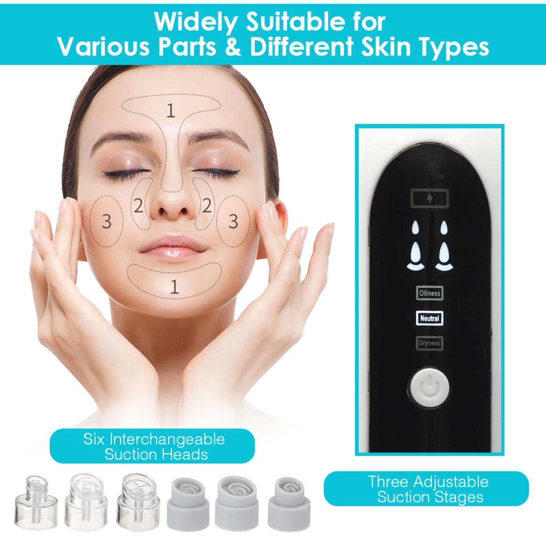 Aparat de Hidro Dermabraziune Neo™ Hidra Premium, pentru hidratare si curatare, indepartare puncte negre, incarcare USB, 3 moduri, 6 capete, Alb