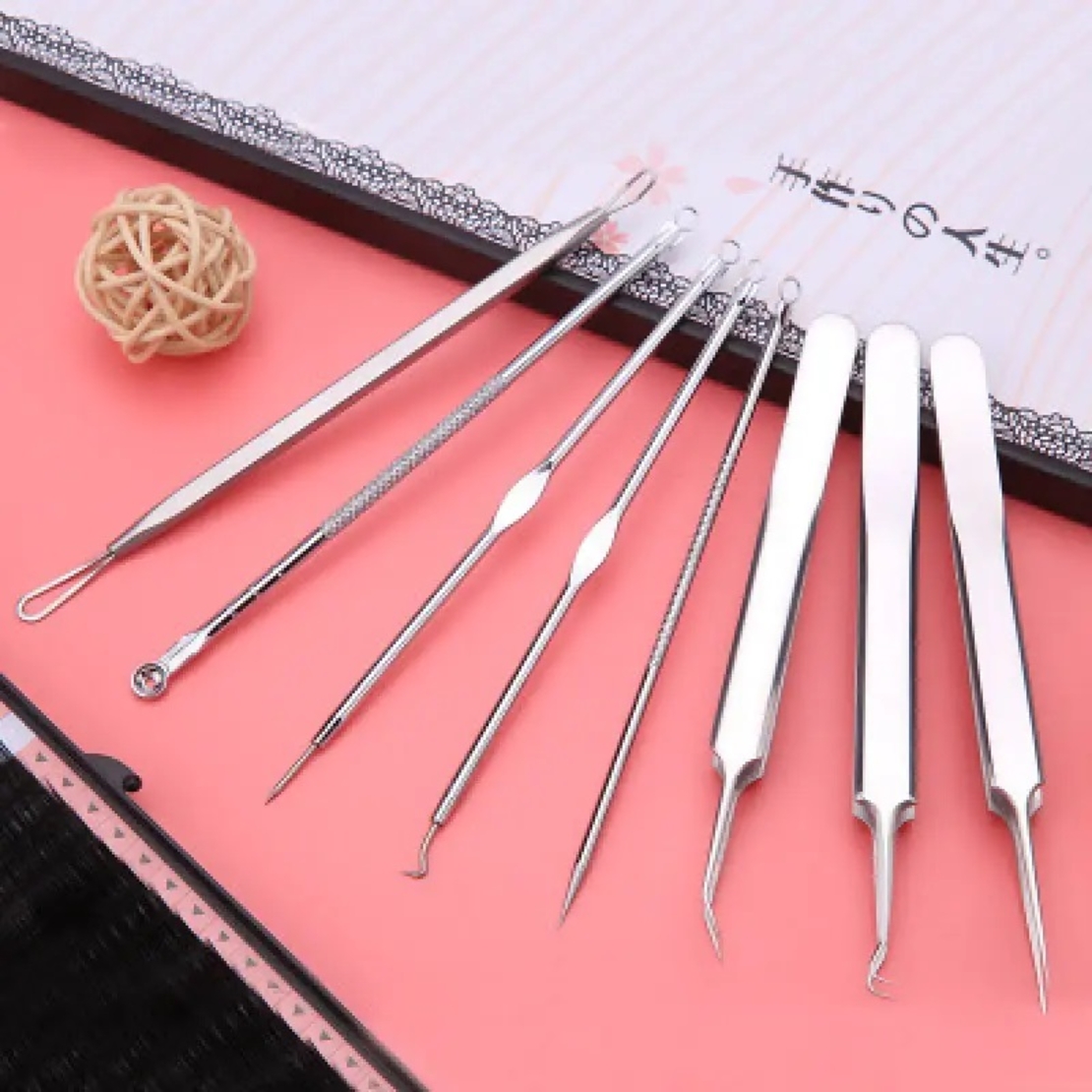 Set 8 pensete pentru extractie puncte negre, comedoane, acnee, ustensile cosmetice din inox, metalic, Neo™ Premium®