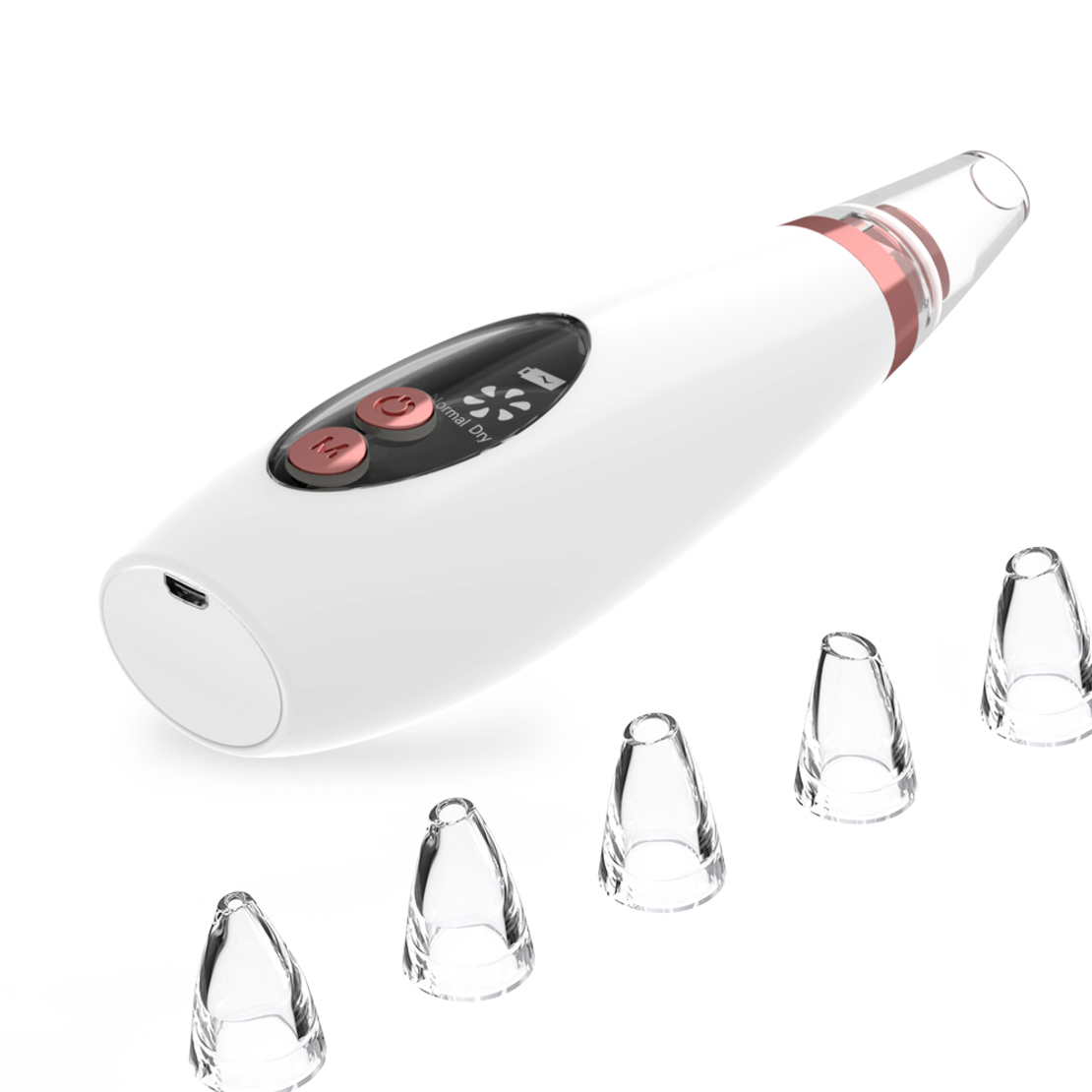 Aparat indepartat puncte negre, Neo™ Premium, cu vacuum, 3 Puteri ajustabile, 6 capete, Ingrijire faciala, Curatare faciala, Acnee, Incarcare USB, Alb