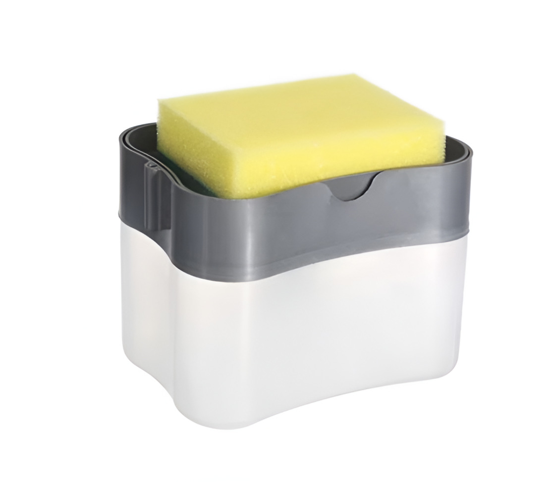 Dispenser 2 in 1, Suport pentru Burete si Dozator Detergent de Vase, 380 ml, 14x11x9 cm, Gri/Transparent, Neo™