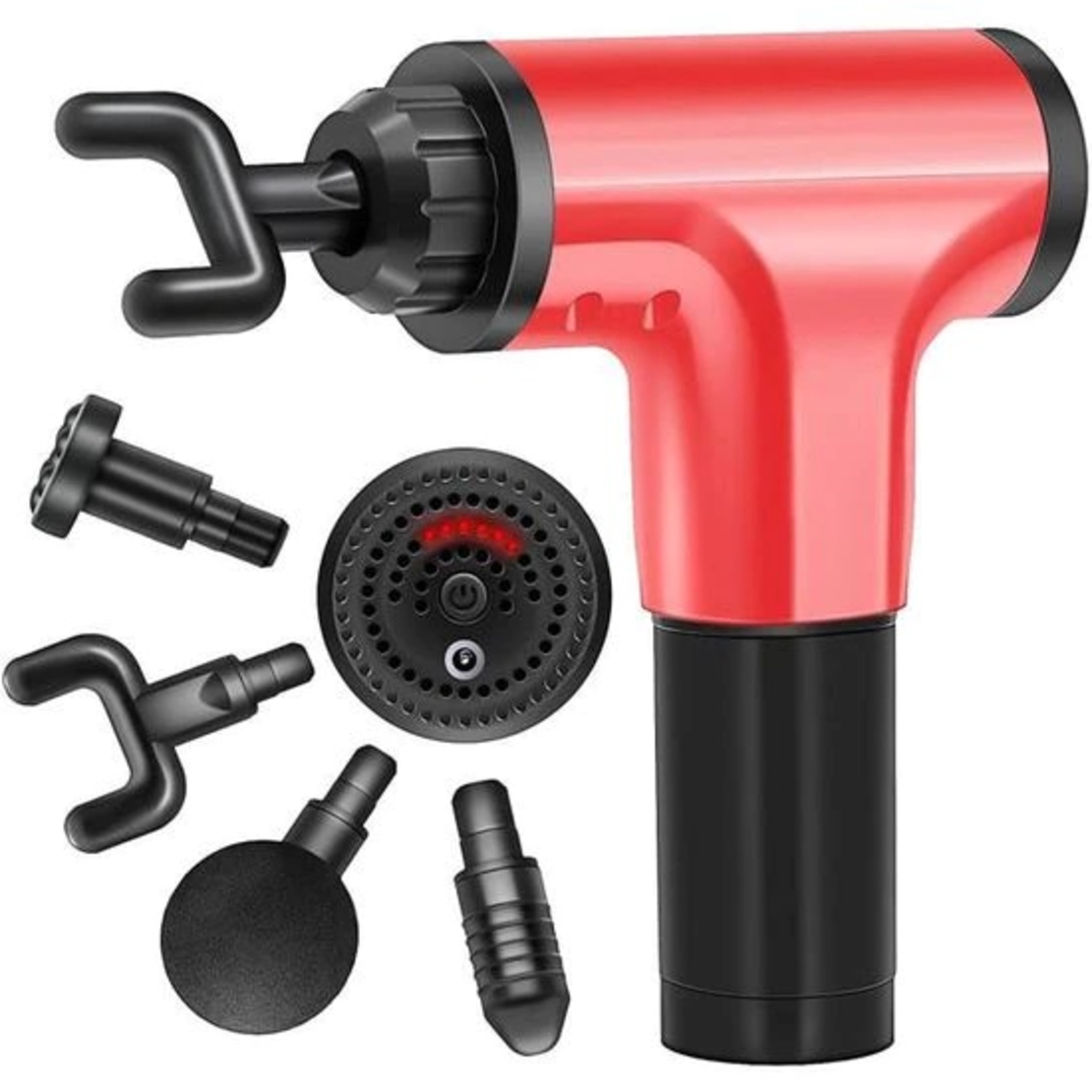 Aparat de Masaj Profesional, cu 4 capete interschimbabile si 6 trepte de intensitate, Neo™ Professional Gun®, pentru dureri musculare, reumatice, anticelulitic, Rosu