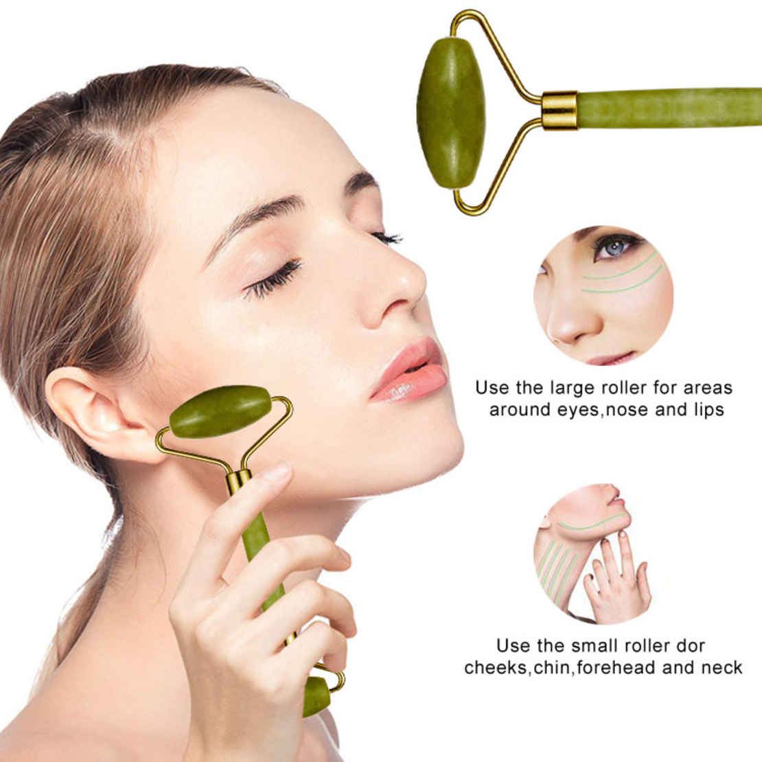 Set Rola Dubla Roller Jade si Piatra Guasha de Jad, Neo™, aparat / dispozitiv pentru masaj facial si corporal si drenaj limfatic, Verde