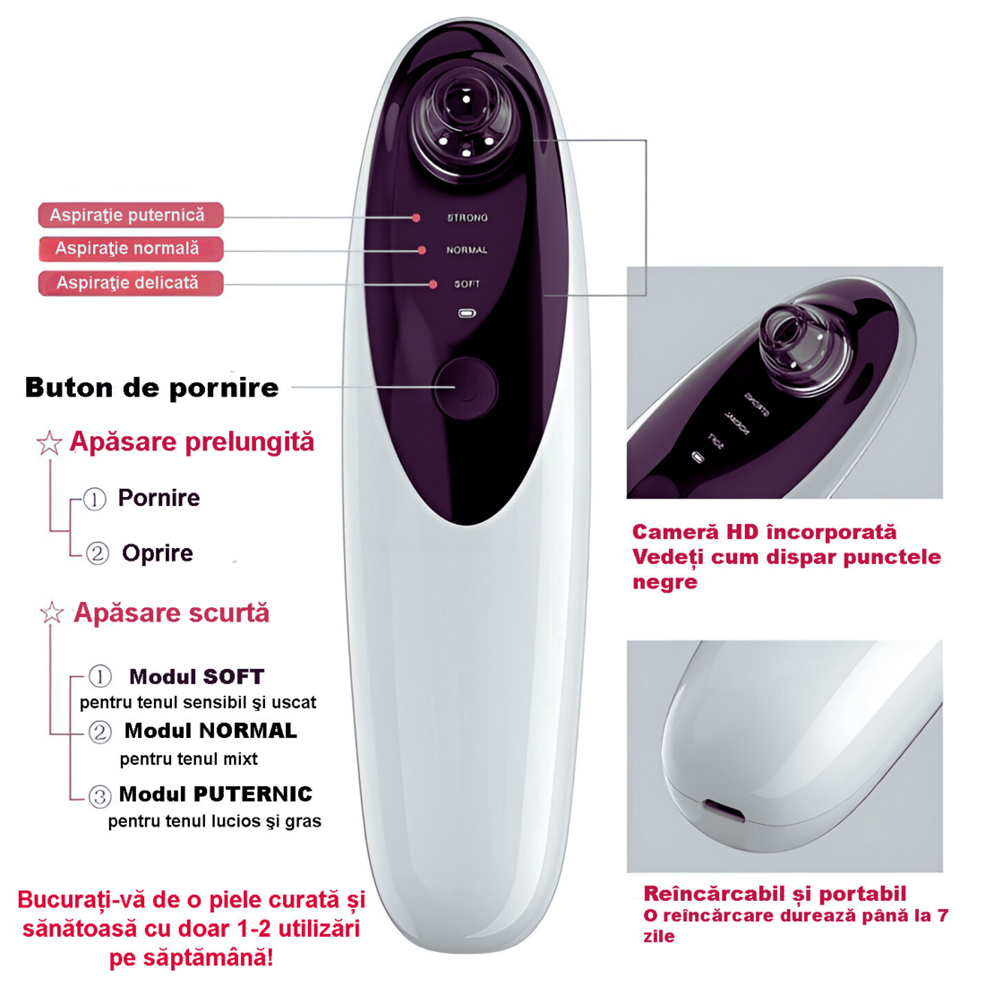Aparat electric, portabil, multifunctional de curatare ten, scos cosuri, acnee, puncte negre, aspirator pentru fata cu conexiune Wi-Fi si camera video incorporata, suporta iOS si Android, 3 viteze, 4 sonde de extractie, culoare alb