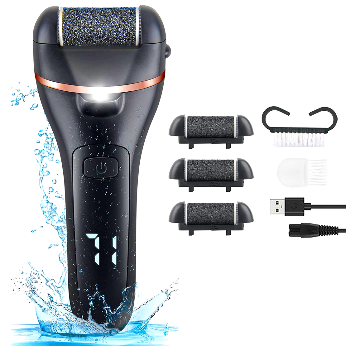 Aparat indepartare bataturi si piele uscata Calus Neo™ Foot Polisher V601, cu display digital, iluminare LED, incarcare USB, capat suplimentar si 3 role microminerale, 2000 rpm, Negru