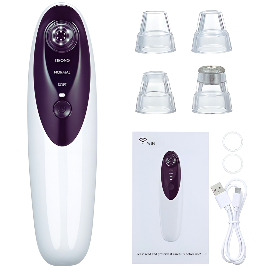 Aparat electric, portabil, multifunctional de curatare ten, scos cosuri, acnee, puncte negre, aspirator pentru fata cu conexiune Wi-Fi si camera video incorporata, suporta iOS si Android, 3 viteze, 4 sonde de extractie, culoare alb
