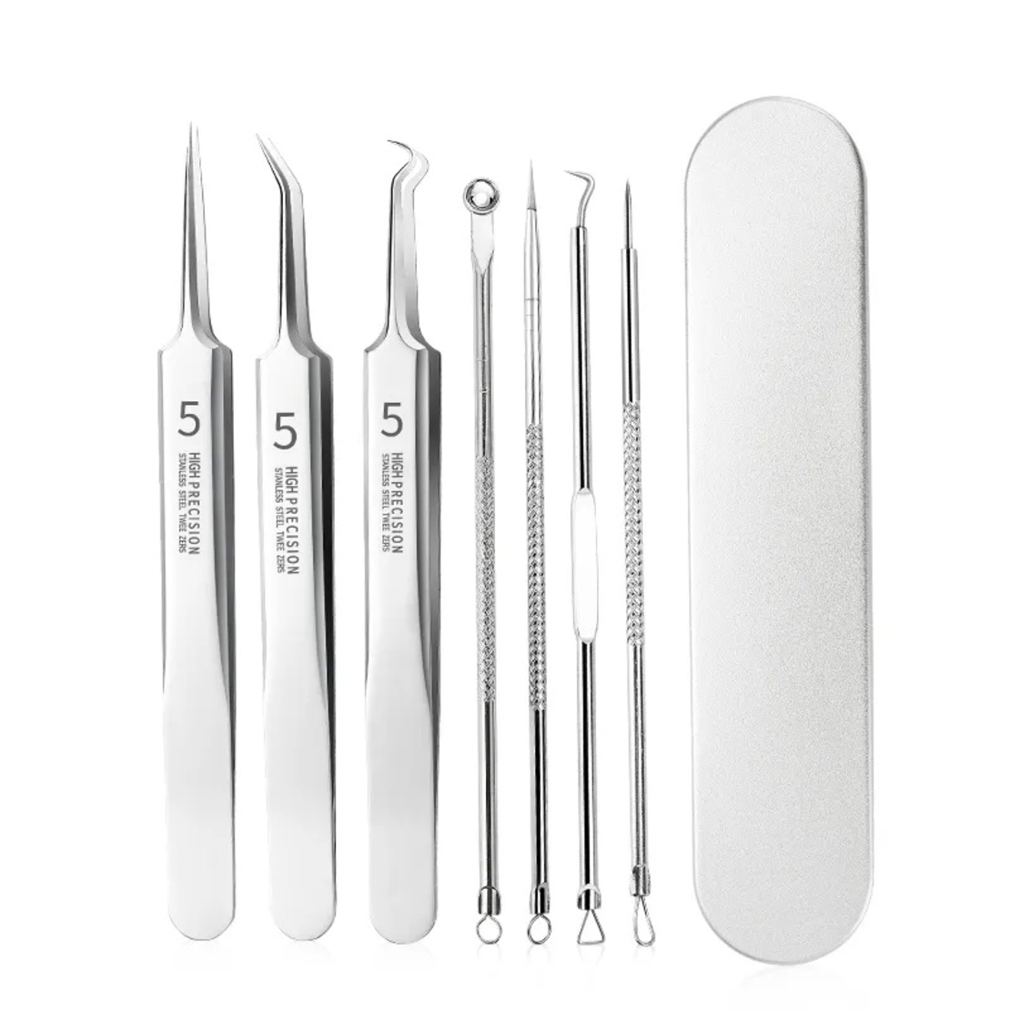 Set 7 pensete pentru extractie puncte negre, comedoane, acnee, ustensile cosmetice din inox, metalic, Neo™ Premium®