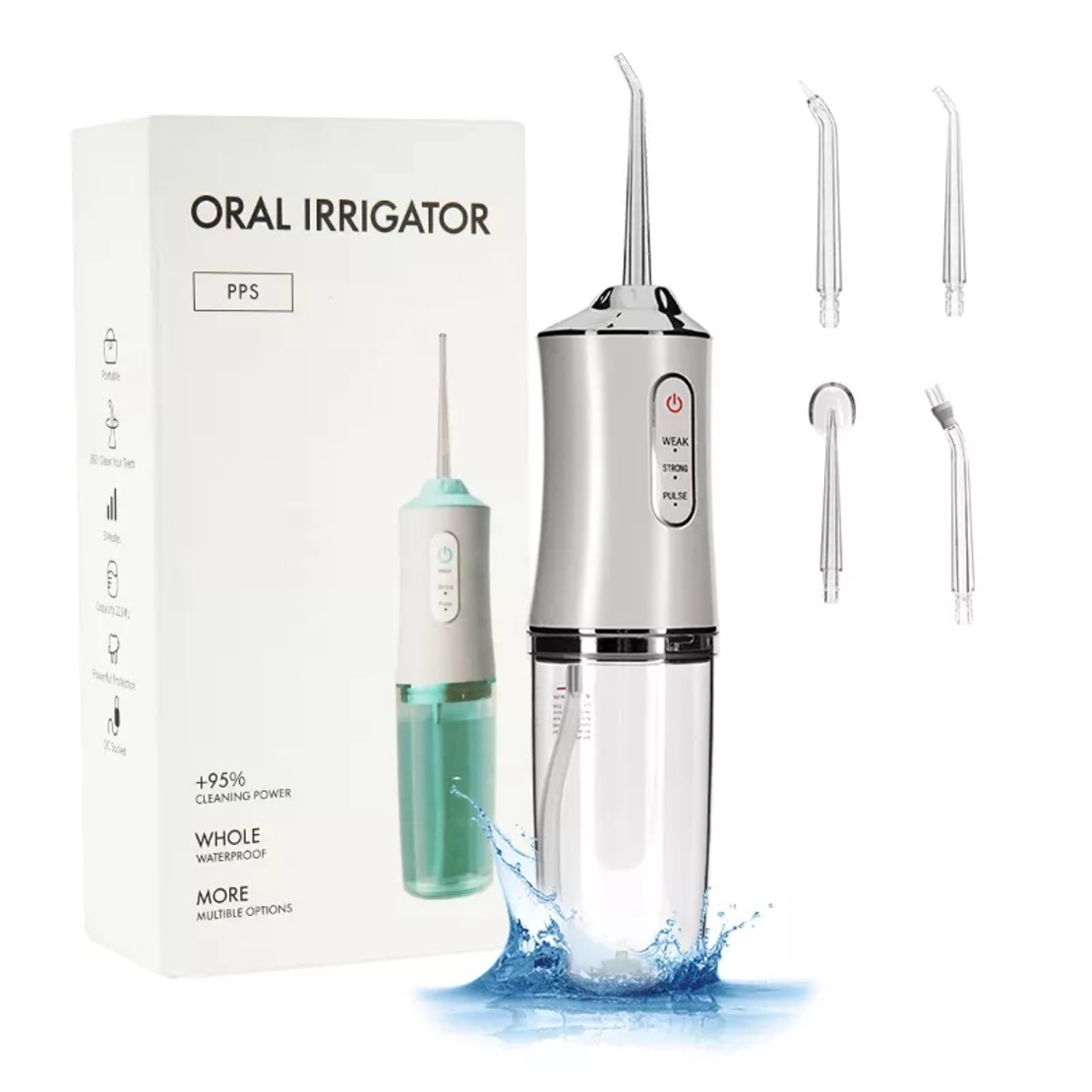 Irigator bucal si oral profesional PPS Pulse® Neo™, 140 PSI, Functie masaj, rotatie 360°, portabil, 4 moduri, acumulator 1400mAh, 4 duze incluse, 220 ml, alb