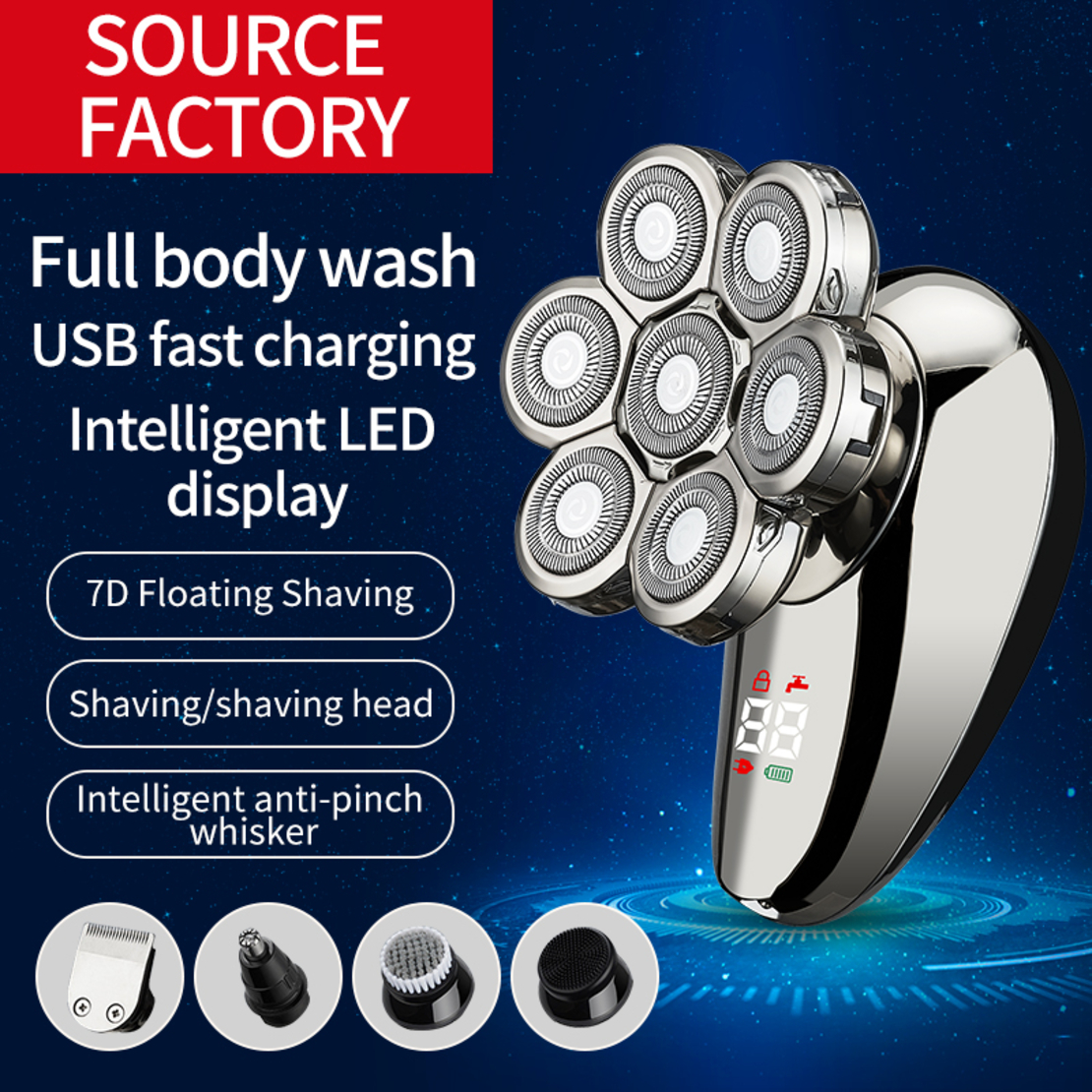 Aparat de ras electric 7D, Neo™ 7 Blade Samurai®, multifunctional, fara fir, incarcare USB, 100% rezistent la apa, 7 lame independente, usor de curatat, sistem 7 in 1, Silver