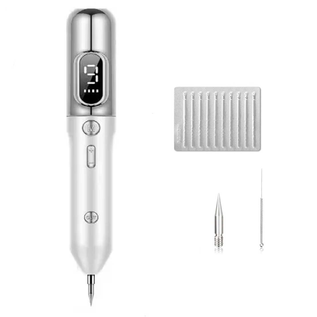 Aparat Plasma Pen, Neo™ cu 5 ace de schimb incluse, 9 viteze, pentru indepartare negi, pete, tatuaje, alunite, cicatrici, pistrui, Lifting pleoape, PlasmaPen®, Ecran LCD, Argintiu/Alb