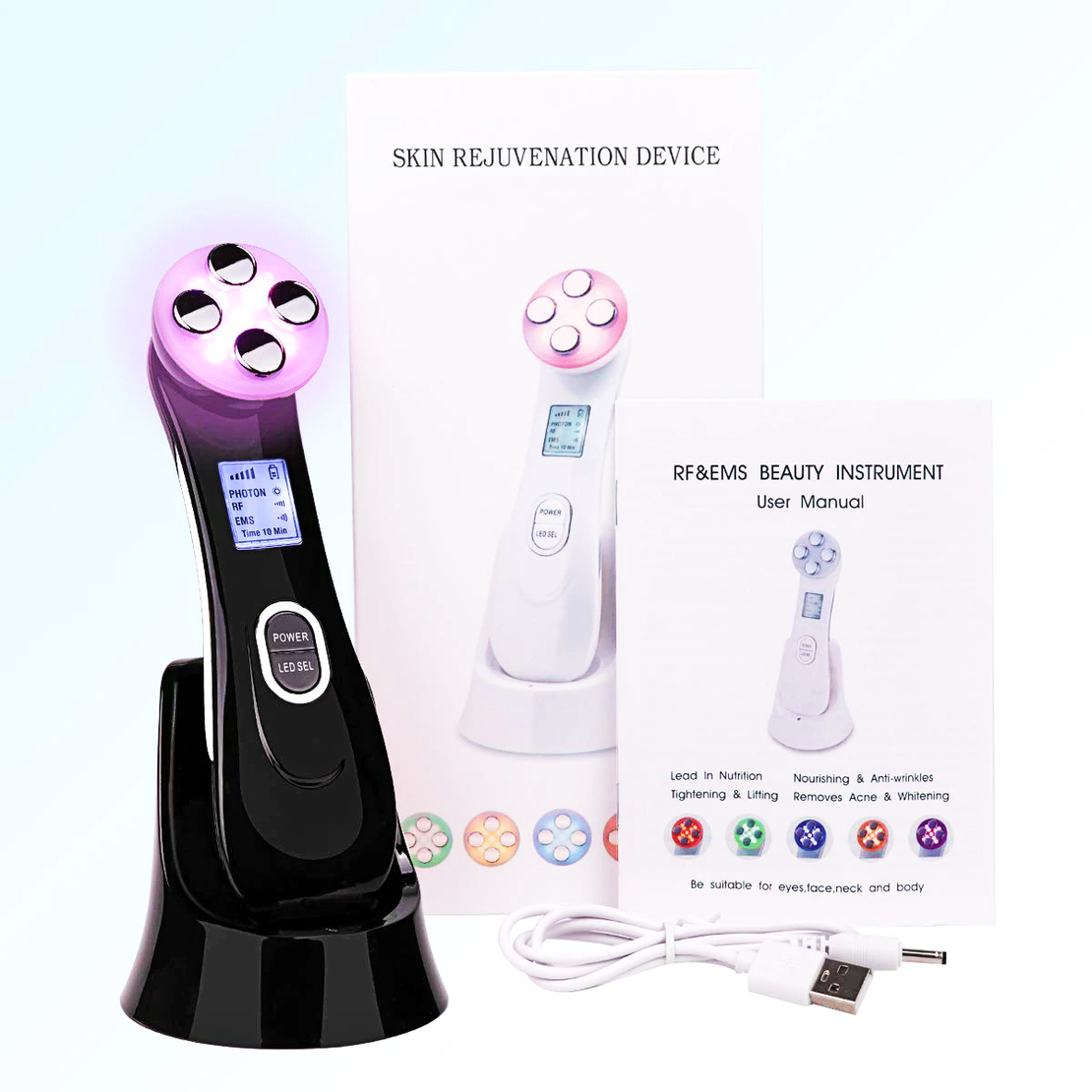 Aparat Profesional de ingrijire faciala prin Rejuvenare cu Fotoni 5 in 1 Neo Photon™, pentru intinerirea pielii, efect anti-rid, tratament Electroporare, RF lumina LED, inchide porii, elimina acneea, albire, pentru fata/gat, stativ incarcare rapida, Negru