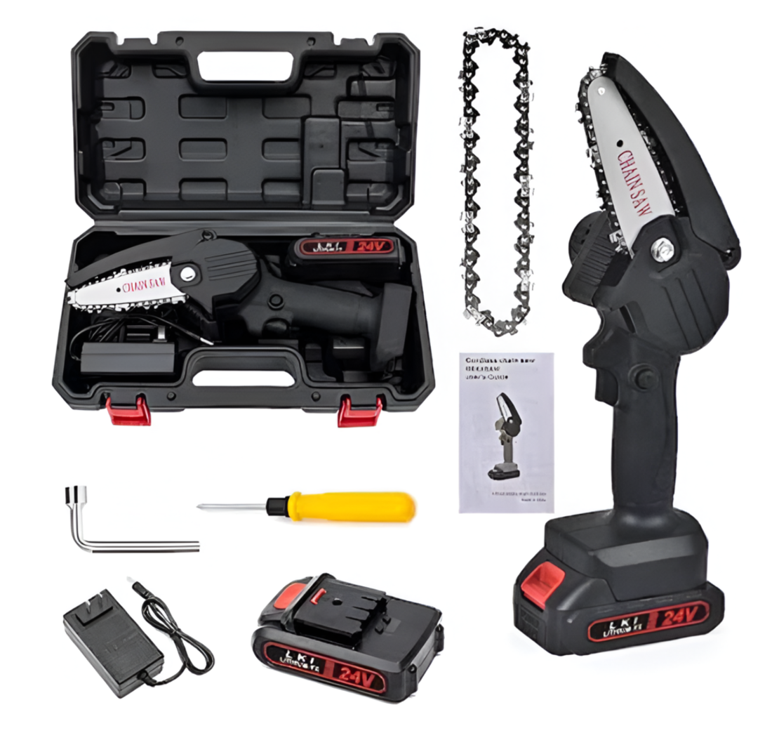 Mini Fierastrau cu Lant, 6 Inch, 1100 W, 2 baterii, 1 lant, Cutie de Instrumente Portabila, Negru, 24 V, Neo™