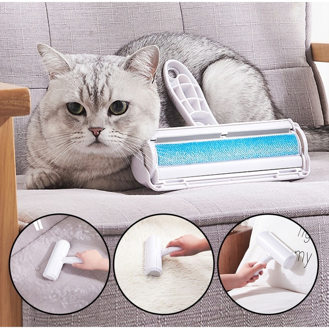 Perie cu Rola si barete de cauciuc, Neo™ Pet®, cu compartiment pentru colectarea blanii si parului, utila in Curatarea Parului de Animale, Lavabila Reutilizabila, Albastru