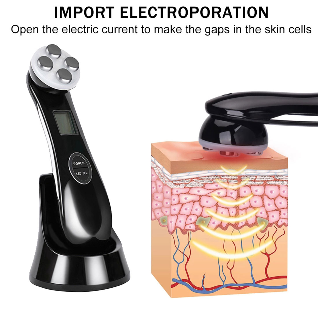 Aparat Profesional de ingrijire faciala prin Rejuvenare cu Fotoni 5 in 1 Neo Photon™, pentru intinerirea pielii, efect anti-rid, tratament Electroporare, RF lumina LED, inchide porii, elimina acneea, albire, pentru fata/gat, stativ incarcare rapida, Negru