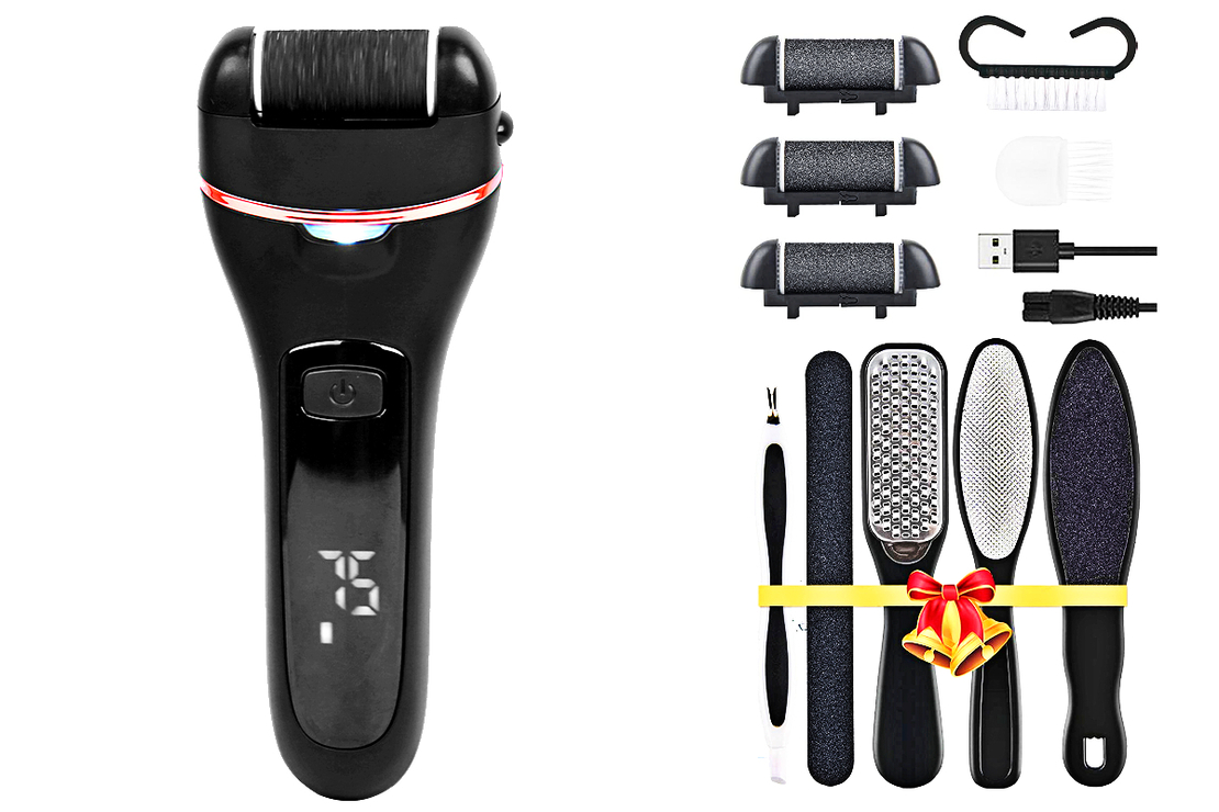 Set Aparat indepartare bataturi si piele uscata Calus Neo Foot Polisher, display digital, LED, incarcare USB, capat suplimentar si 3 role, 2000 rpm, Negru