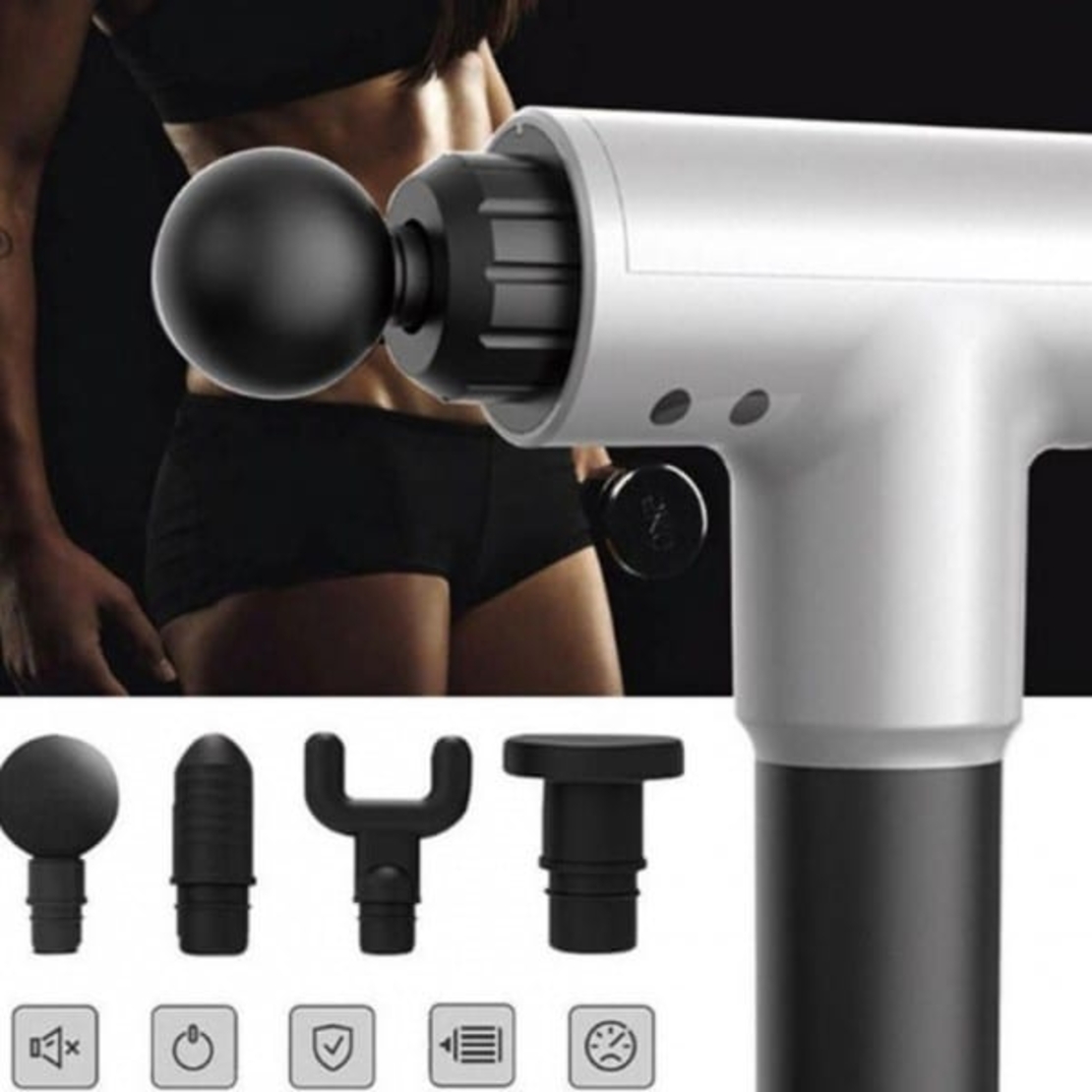 Aparat de Masaj Profesional, cu 4 capete interschimbabile si 6 trepte de intensitate, Neo™ Professional Gun®, pentru dureri musculare, reumatice, anticelulitic, Gri