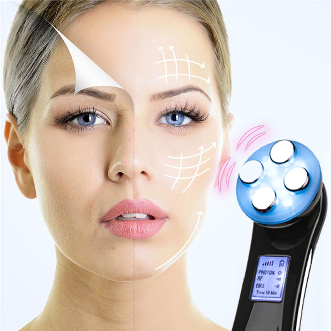 Aparat Profesional de ingrijire faciala prin Rejuvenare cu Fotoni 5 in 1 Neo Photon™, pentru intinerirea pielii, efect anti-rid, tratament Electroporare, RF lumina LED, inchide porii, elimina acneea, albire, pentru fata/gat, stativ incarcare rapida, Negru