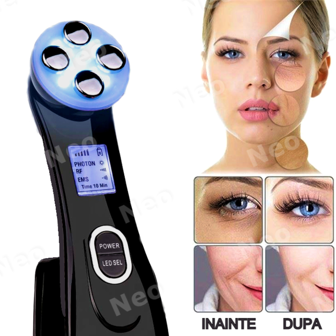 Aparat Profesional de ingrijire faciala prin Rejuvenare cu Fotoni 5 in 1 Neo Photon™, pentru intinerirea pielii, efect anti-rid, tratament Electroporare, RF lumina LED, inchide porii, elimina acneea, albire, pentru fata/gat, stativ incarcare rapida, Negru