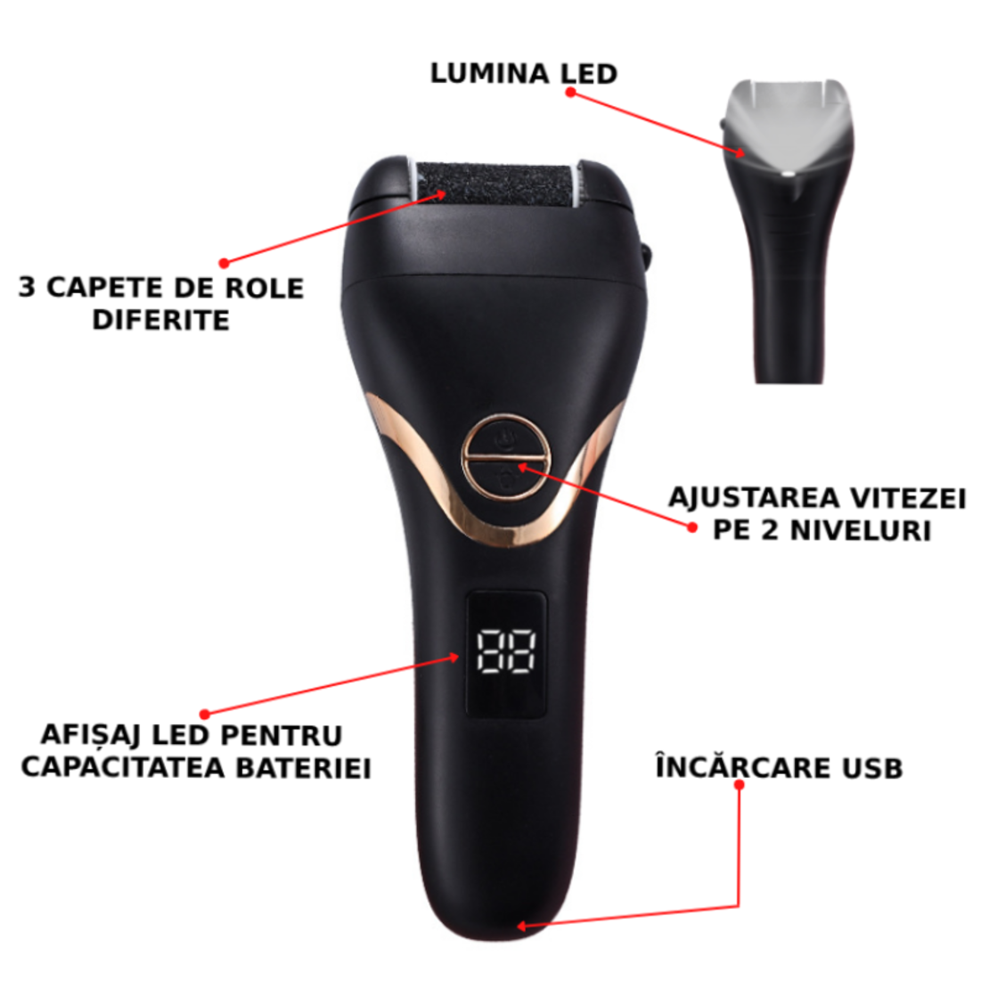Pila electrica cu afisaj digital pentru picioare, cu lanterna, cu kit profesional 22 in 1, reincarcabila USB, rezistent la apa, aparat electric pentru indepartarea calusuri cu 3 capete role 2 viteze