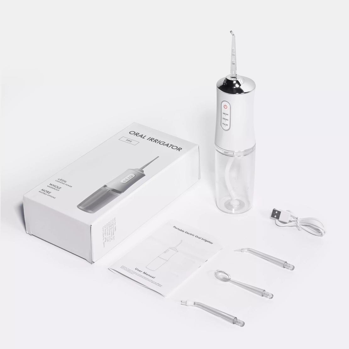 Irigator bucal si oral profesional PPS Pulse® Neo™, 140 PSI, Functie masaj, rotatie 360°, portabil, 4 moduri, acumulator 1400mAh, 4 duze incluse, 220 ml, alb