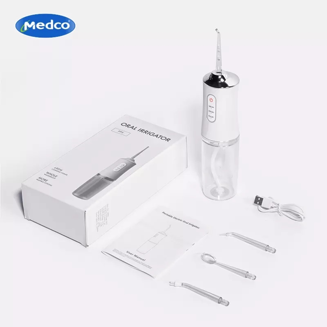 Irigator bucal si oral profesional PPS Pulse® Neo™, 140 PSI, Functie masaj, rotatie 360°, portabil, 4 moduri, acumulator 1400mAh, 4 duze incluse, 220 ml, alb