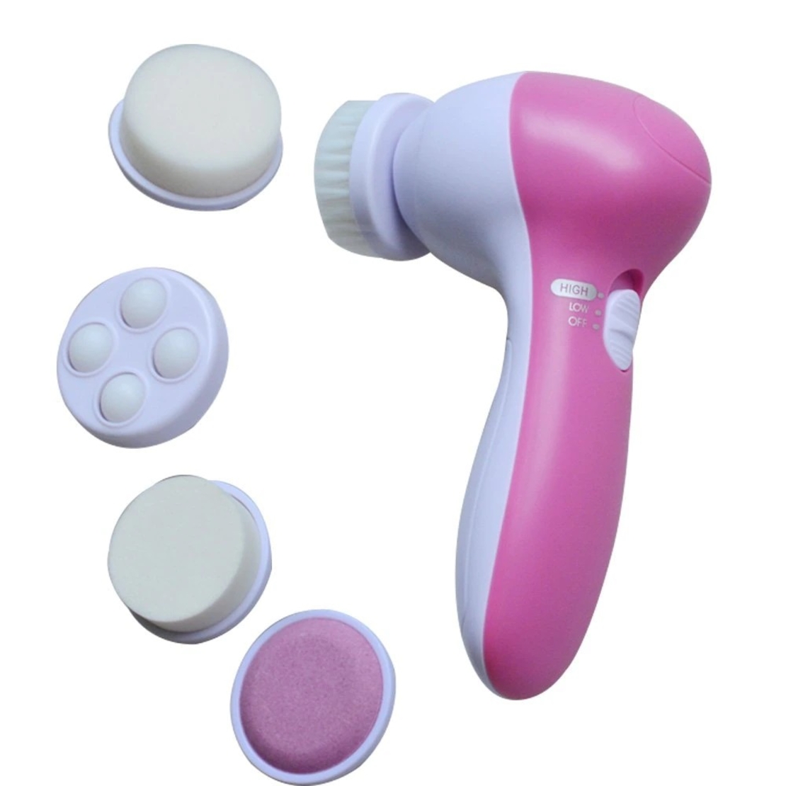 Perie Rotativa pentru curatare faciala si masaj 5 in 1, Neo™ Premium, cu 2 viteze, functie de reglare a vitezei, 5 capete perii interschimbabile,13x7cm, alb/roz