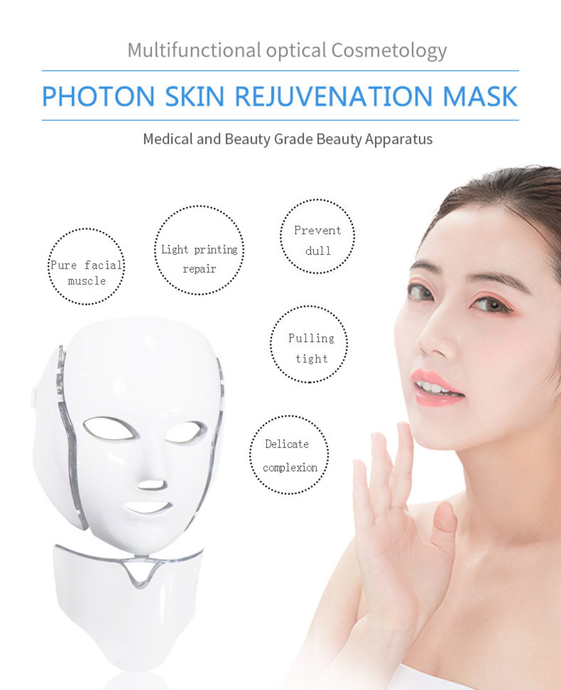 Masca LED Cosmetica Tratament Fotoni Fata si Gat, Neo™ Beauty, Anti-imbatranire, Anti-Acnee, Functie de Lifting, 7 Culori LED, Tratament non invaziv, Alba