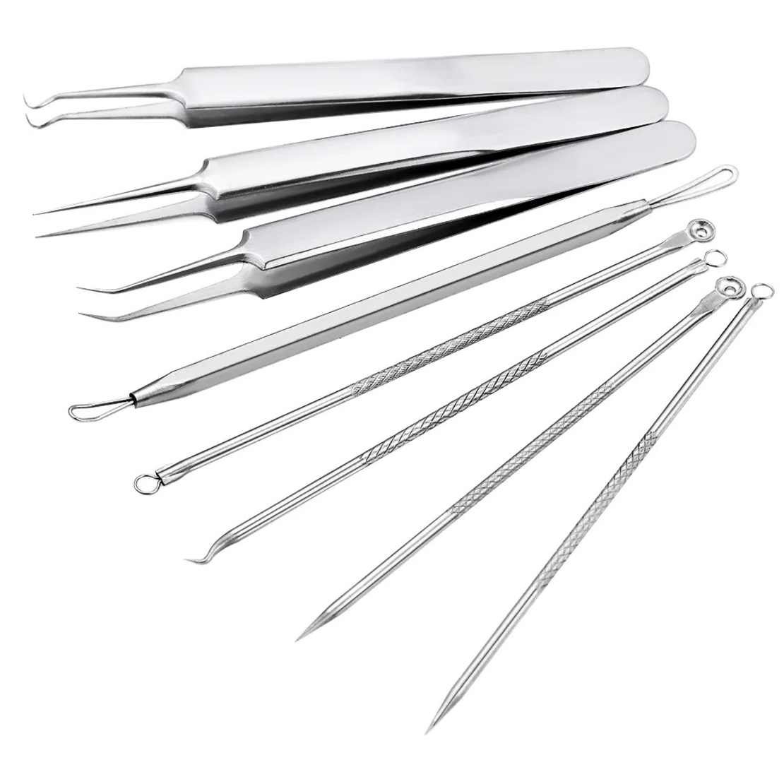 Set 8 pensete pentru extractie puncte negre, comedoane, acnee, ustensile cosmetice din inox, metalic, Neo™ Premium®