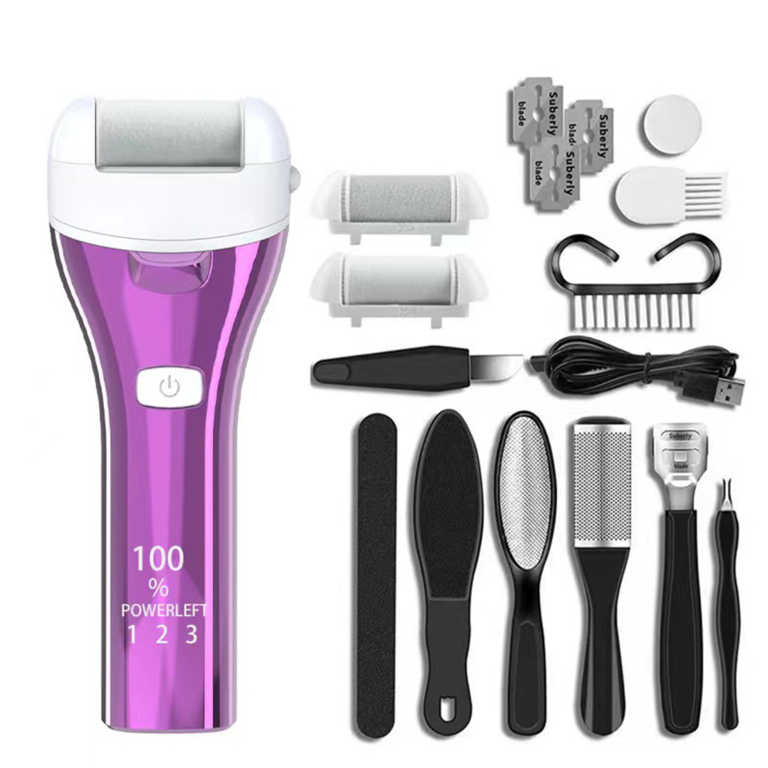 Set Aparat indepartare bataturi si piele uscata Calus Neo™ Foot Polisher v623 MAT, cu display digital, iluminare LED, incarcare USB, capat suplimentar si 3 role microminerale, 3900 rpm, Mov