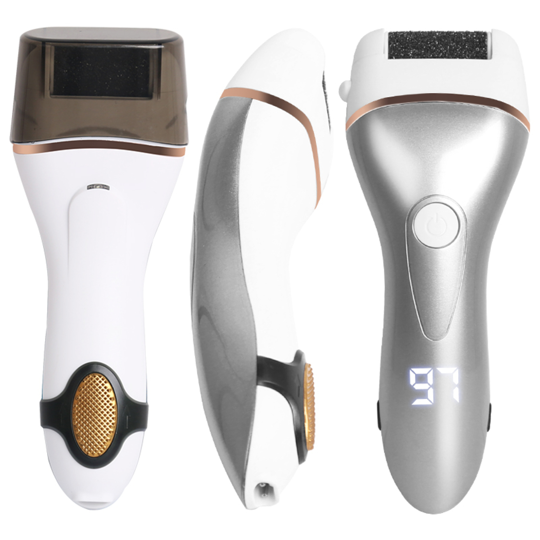 Set Aparat indepartare bataturi si piele uscata Calus Neo™ Foot Polisher Cap, cu capac, display digital, LED, incarcare USB, capat suplimentar si 3 role, 2000 rpm V608 Gri si Pile