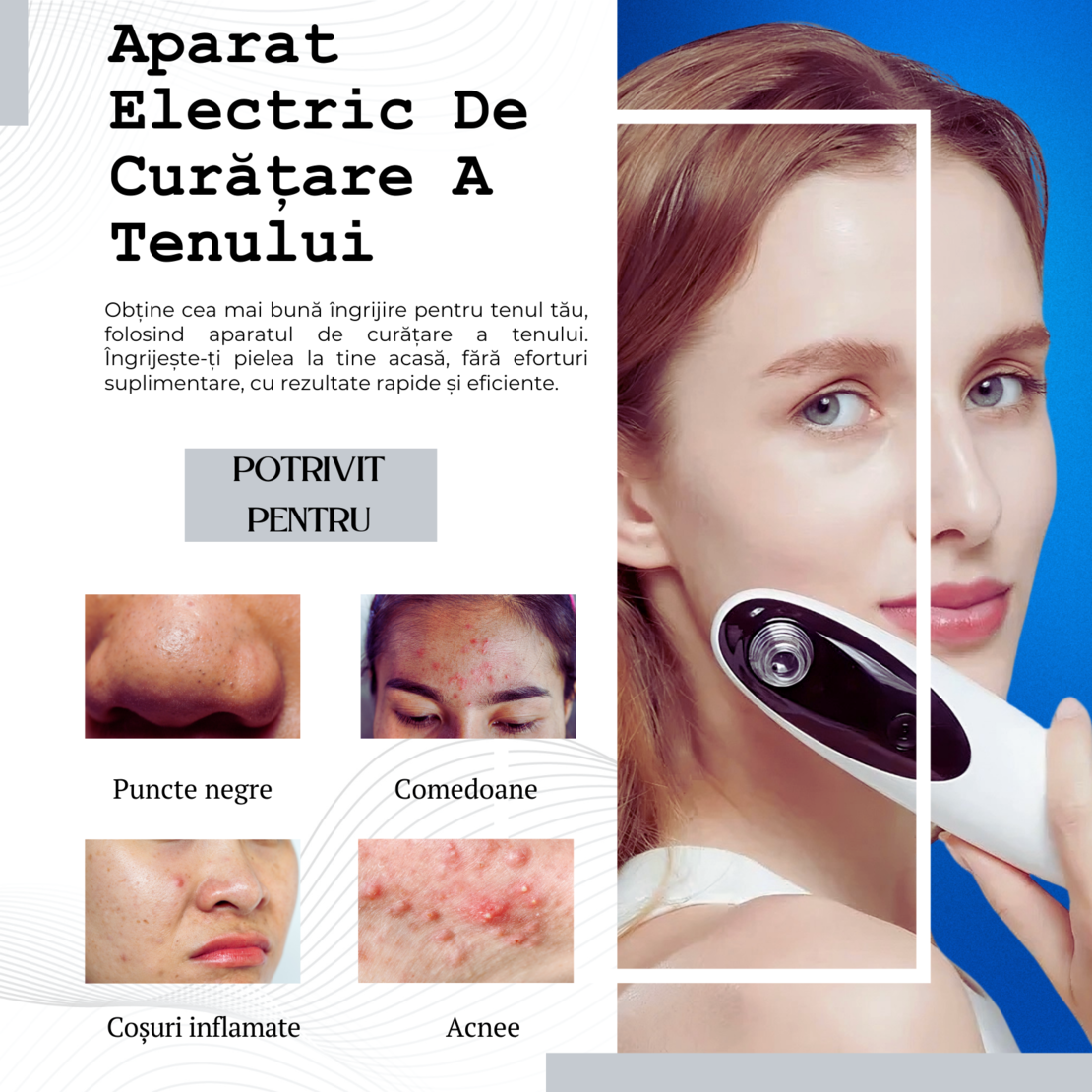 Aparat electric, portabil, multifunctional de curatare ten, scos cosuri, acnee, puncte negre, aspirator pentru fata cu conexiune Wi-Fi si camera video incorporata, suporta iOS si Android, 3 viteze, 4 sonde de extractie, culoare alb
