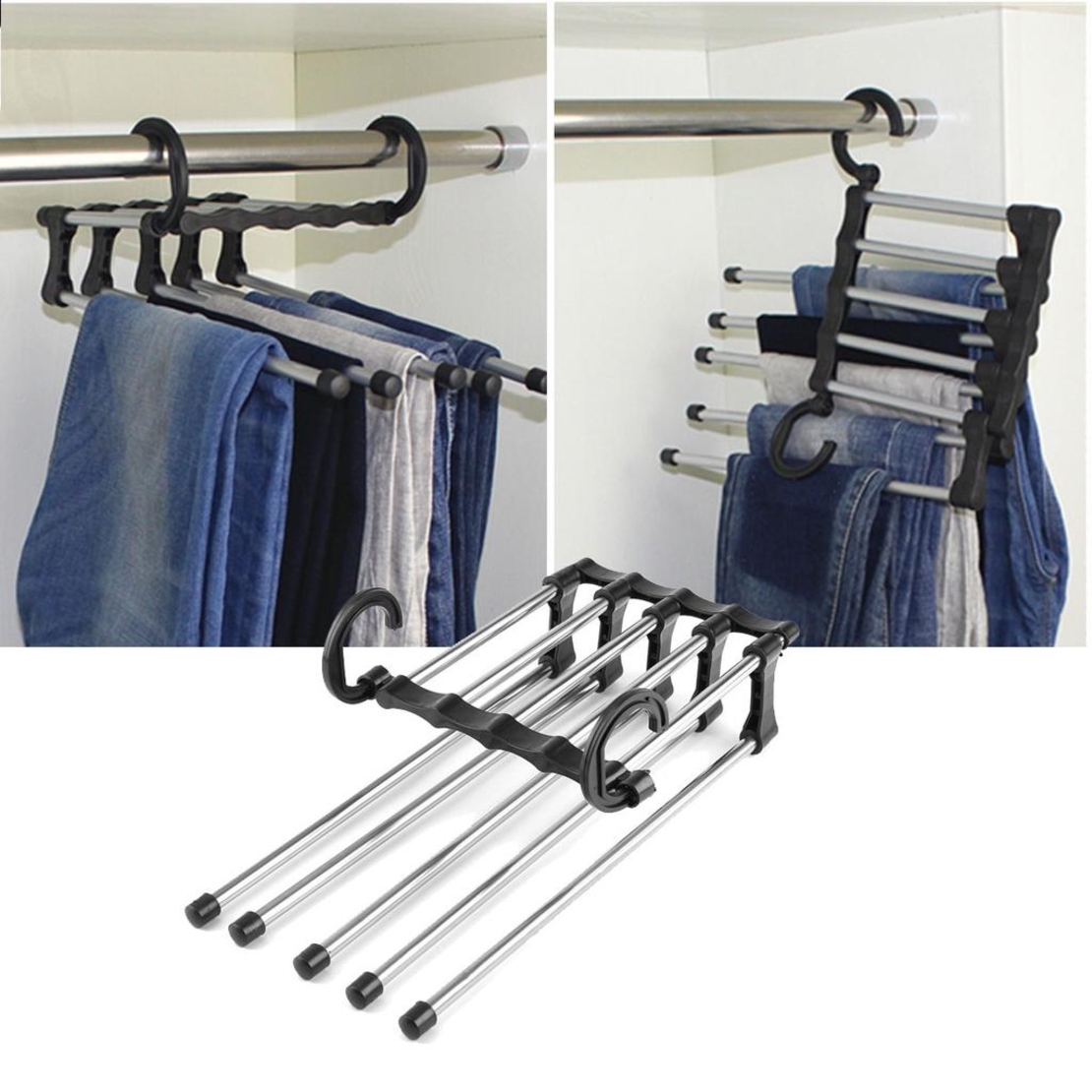 Umeras Pliabil Neo™ Organizator Compact® pentru perechi de pantaloni, cu tije din inox, 48 x 15 cm, Carlige Negre