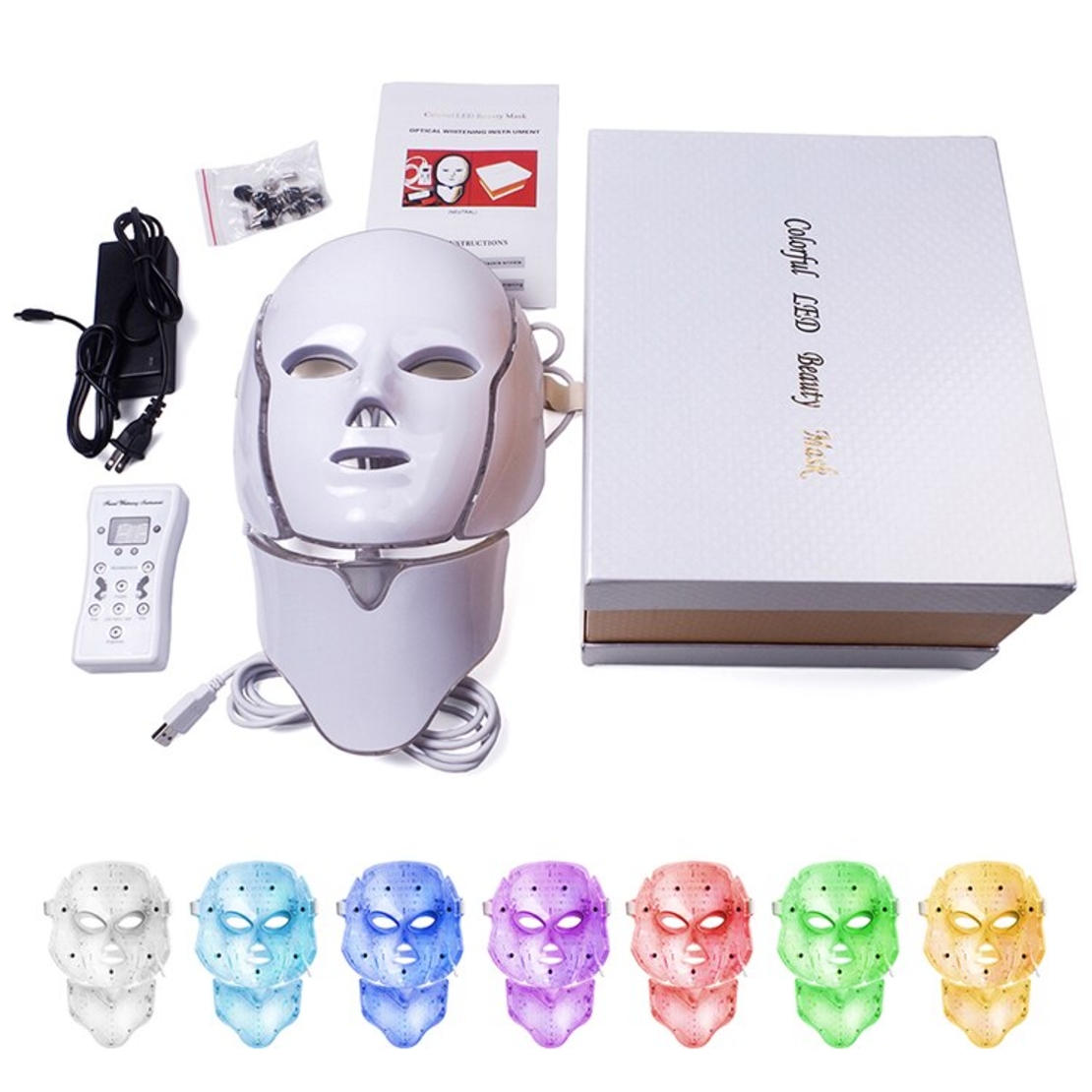 Masca LED Cosmetica Tratament Fotoni Fata si Gat, Neo™ Beauty, Anti-imbatranire, Anti-Acnee, Functie de Lifting, 7 Culori LED, Tratament non invaziv, Alba