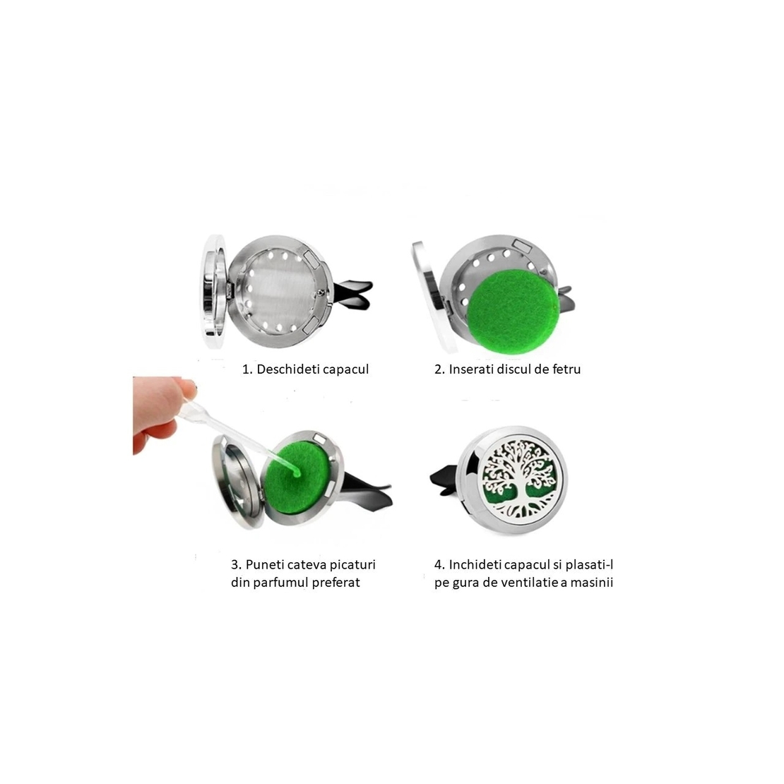 Difuzor auto aromaterapie Neo™ Aroma®, pentru uleiuri esentiale, Tree of Life, 1 pad burete inclus, argintiu