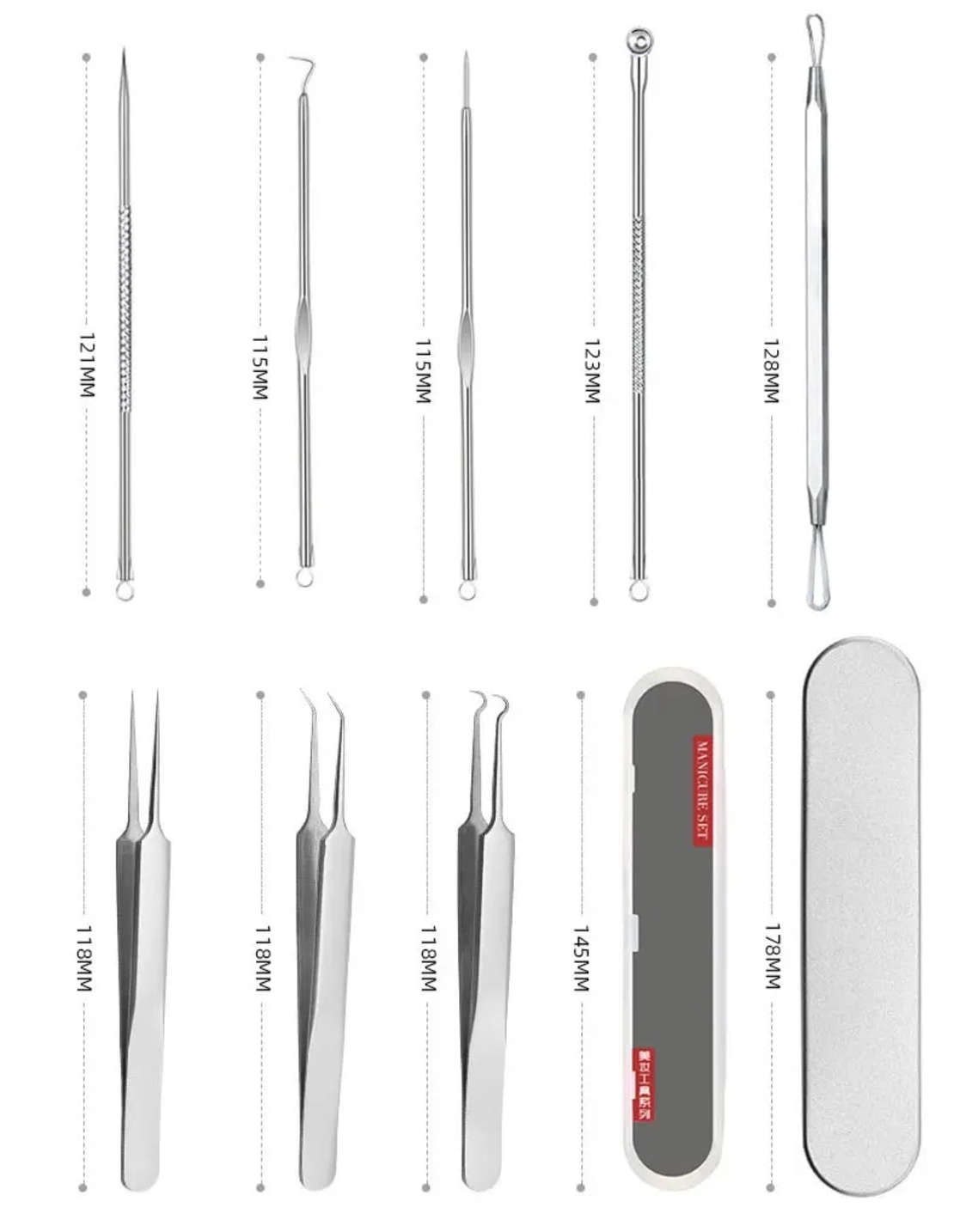 Set 8 pensete pentru extractie puncte negre, comedoane, acnee, ustensile cosmetice din inox, metalic, Neo™ Premium®
